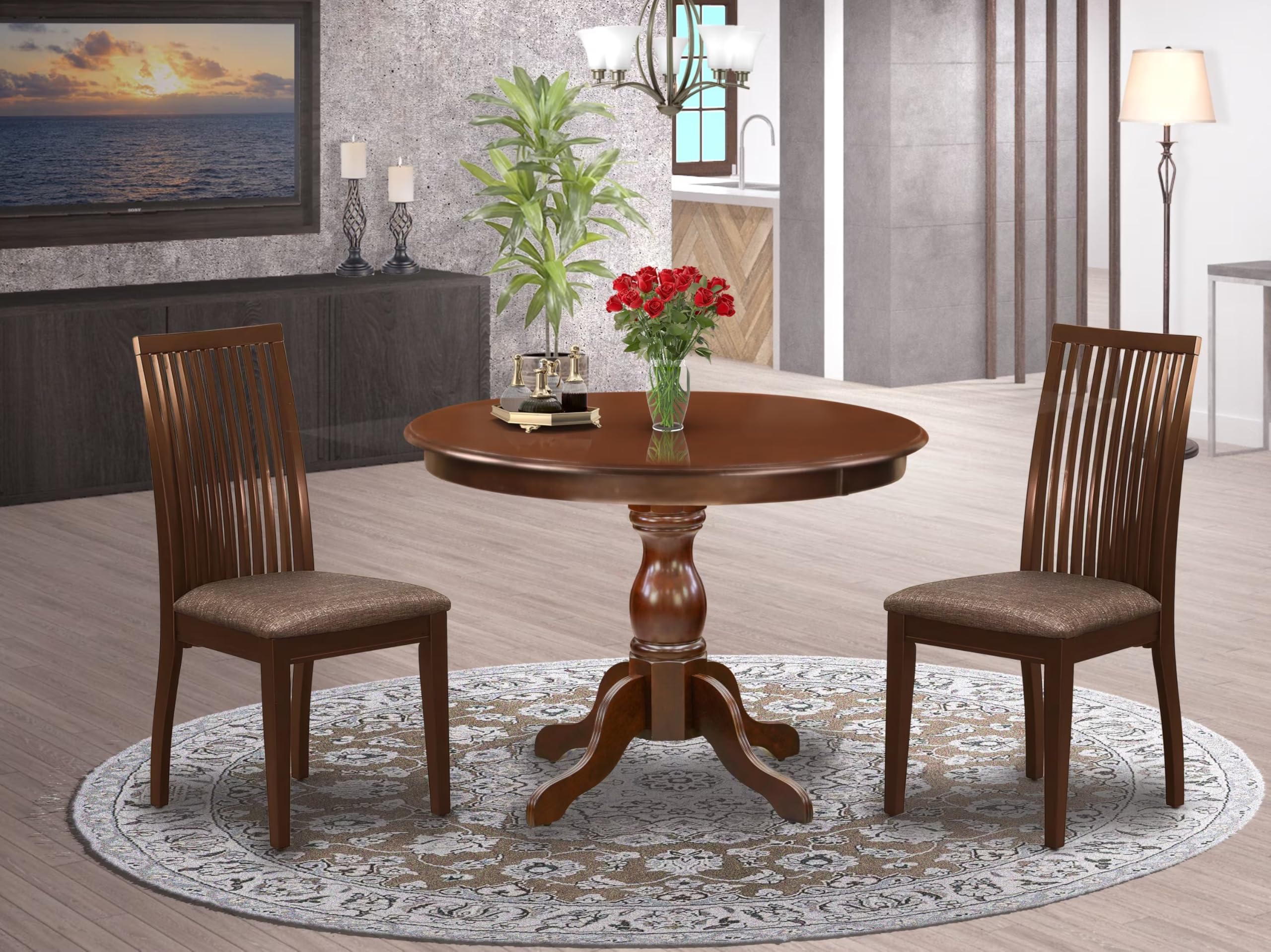 East West Furniture HBIP3-MAH-C 3 Piece Dining Room Furniture Set Contains a Round Kitchen Table with Pedestal and 2 Linen Fabric Upholstered Dining Chairs, 42x42 Inch, Mahogany